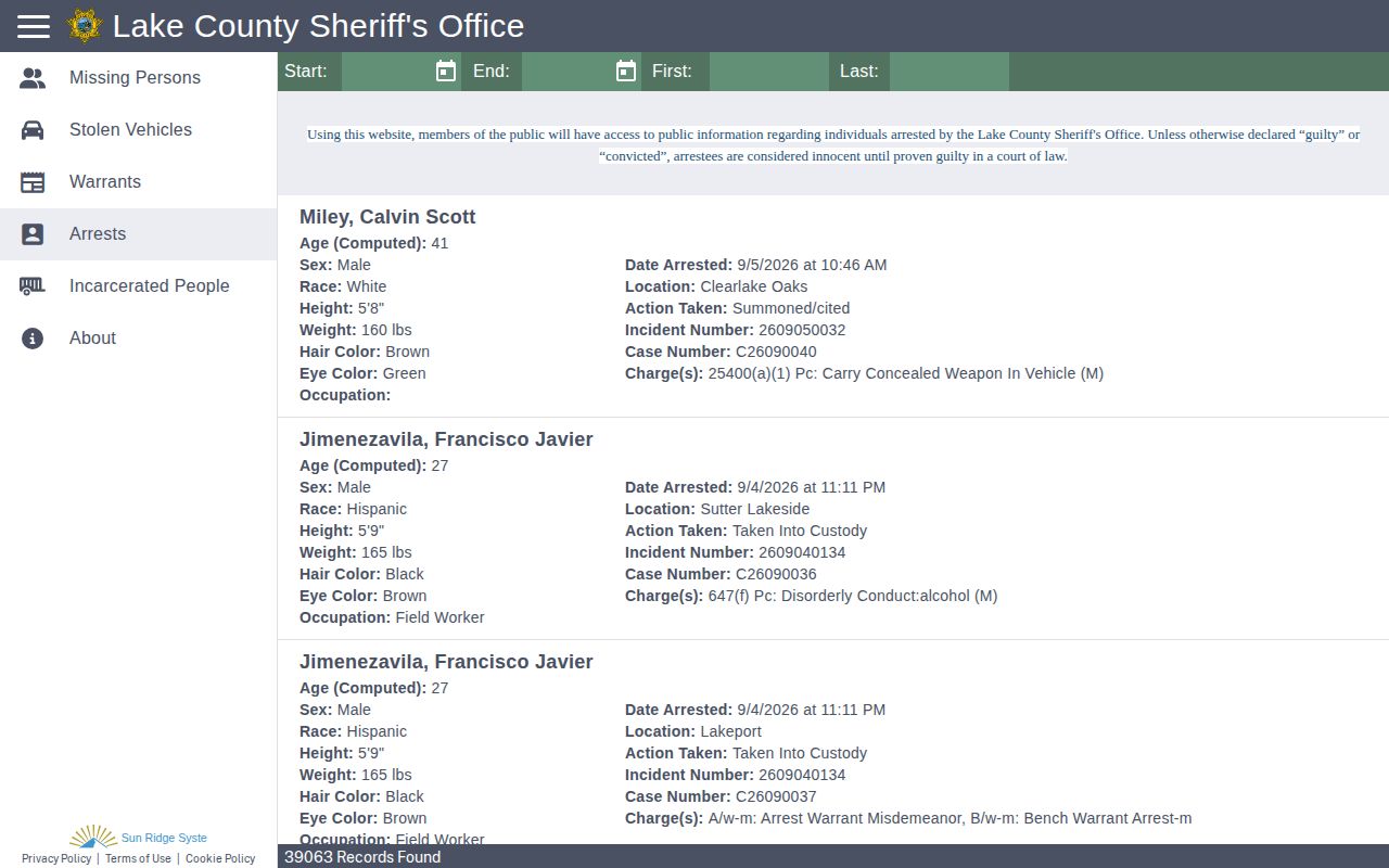 Lake County Citizen RIMS arrest search with date and name filters