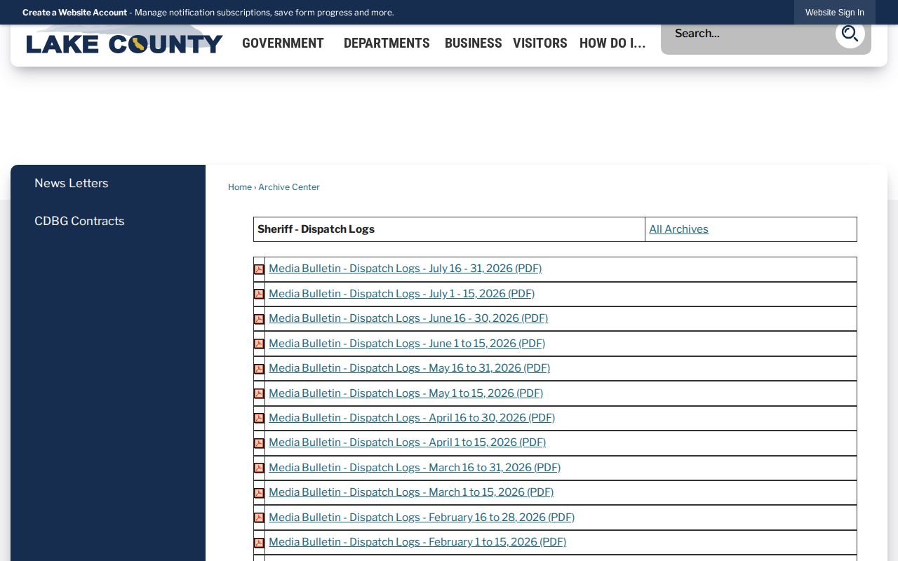 Lake County Sheriff Dispatch Logs archive with half-month date ranges