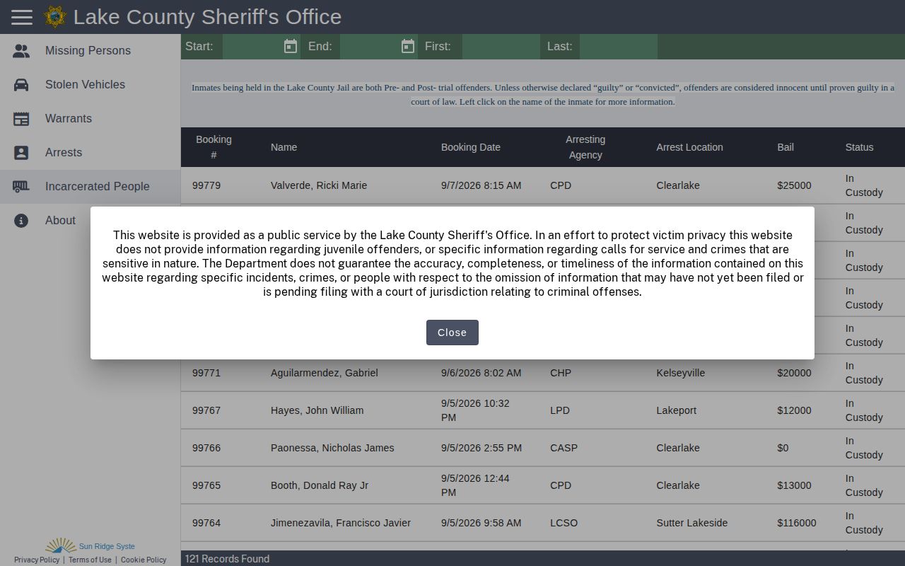Lake County Citizen RIMS current incarcerated people search screen