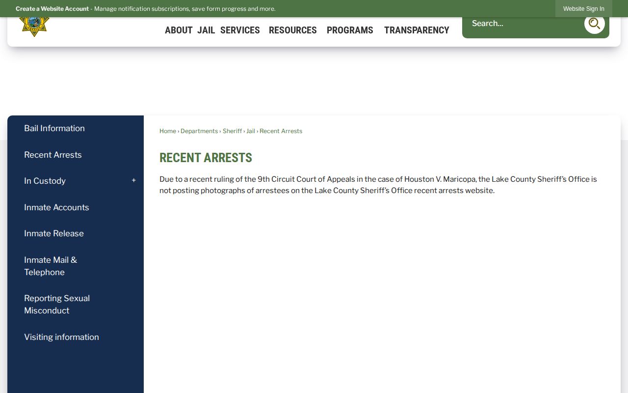 Lake County Sheriff recent arrests page explaining its booking photograph policy