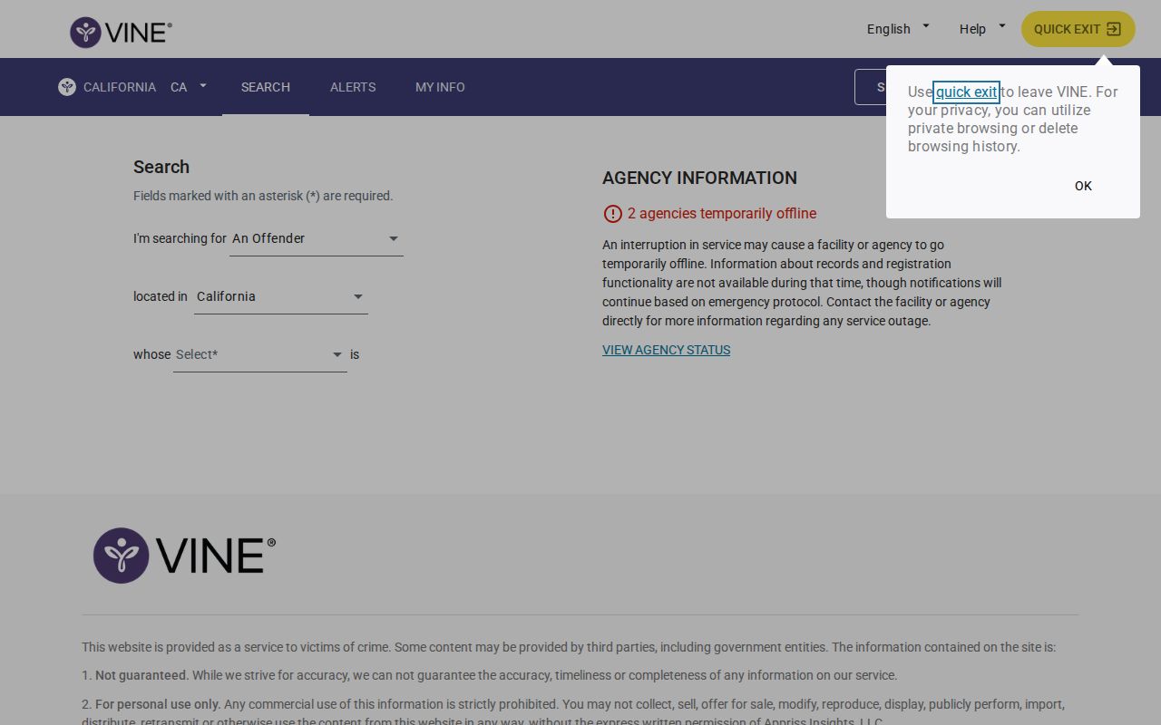 Lake County VINELink alert registration and PIN screen