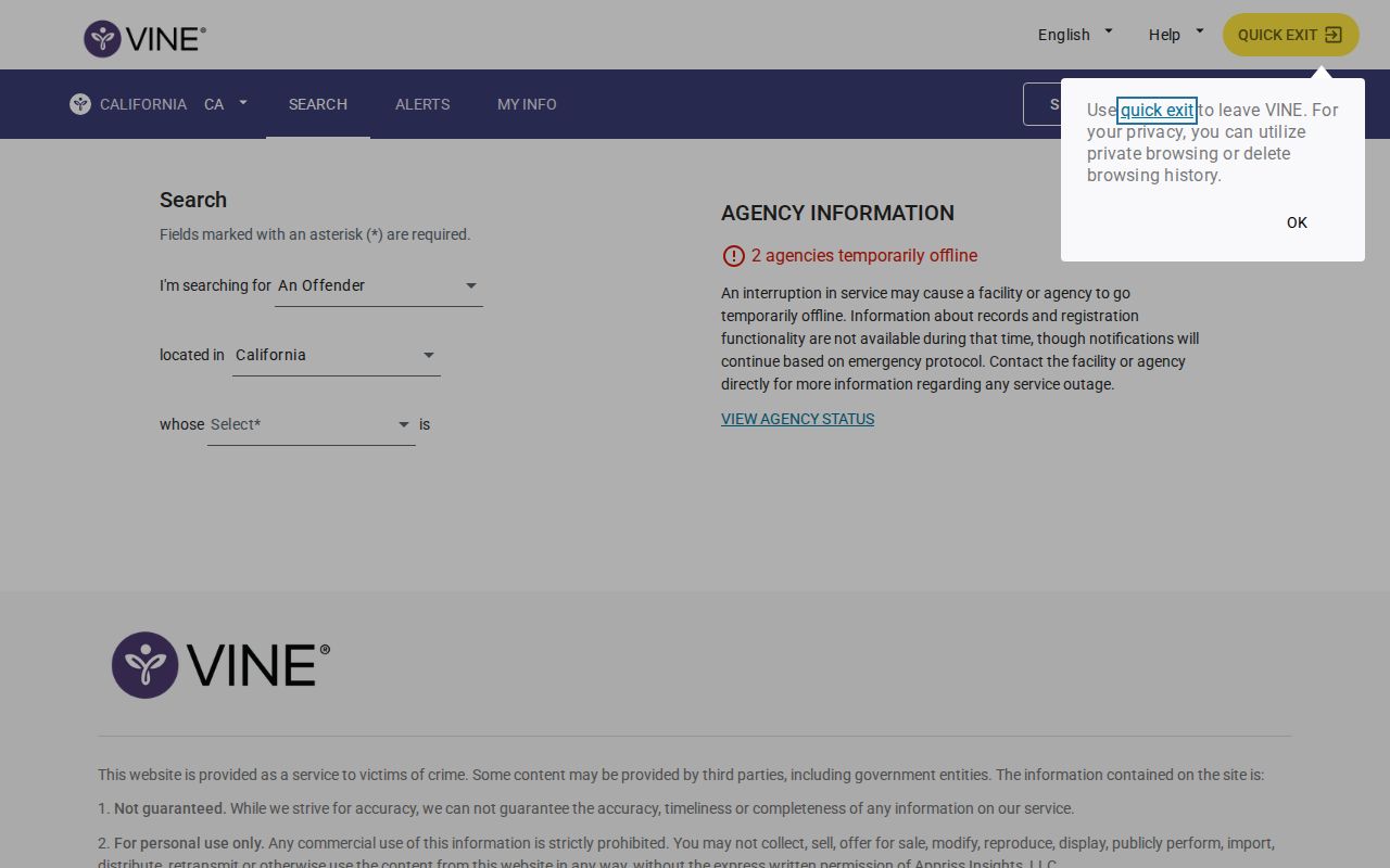 Lake County VINELink California person custody search screen