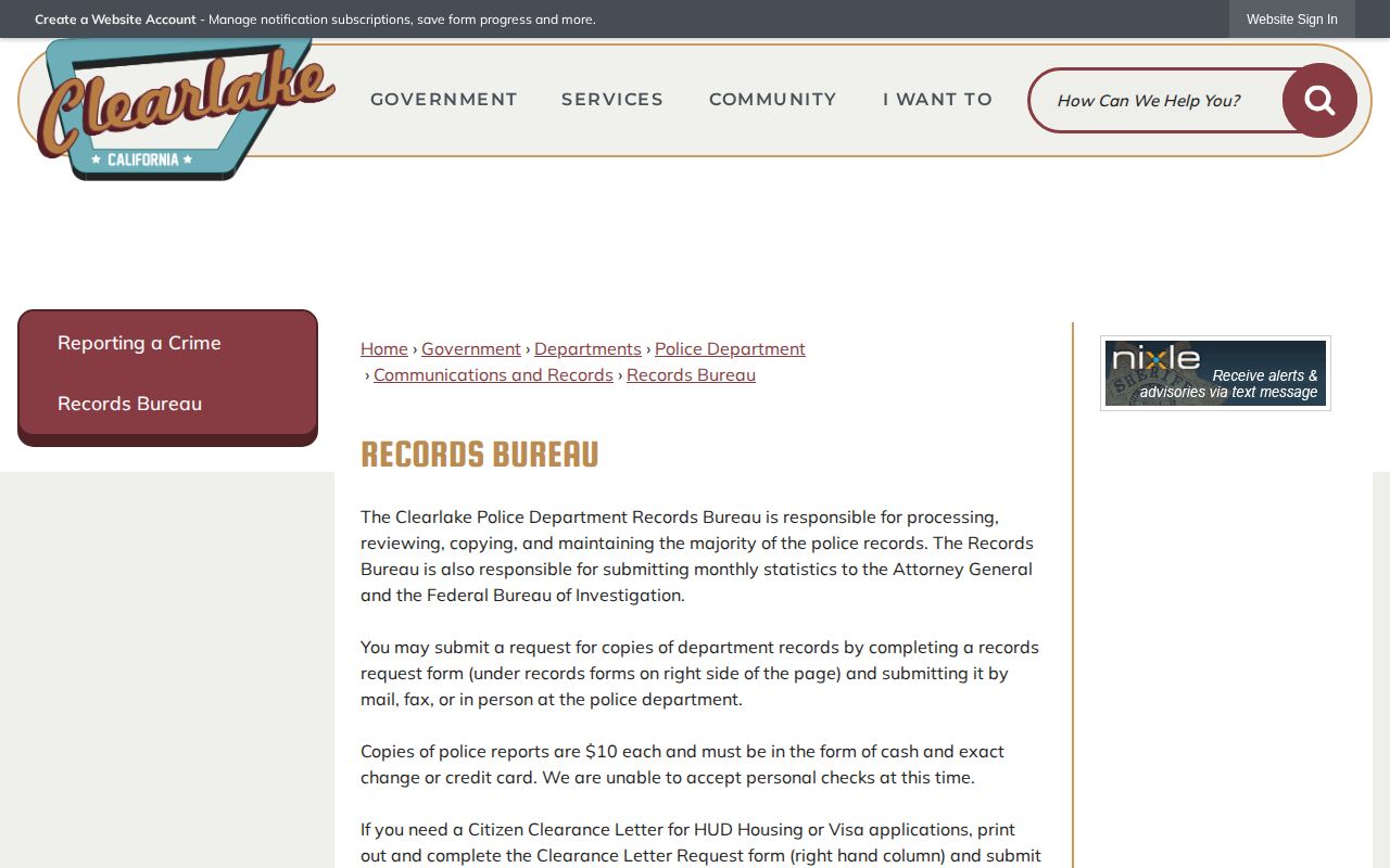 Clearlake Police Department arrest records request information