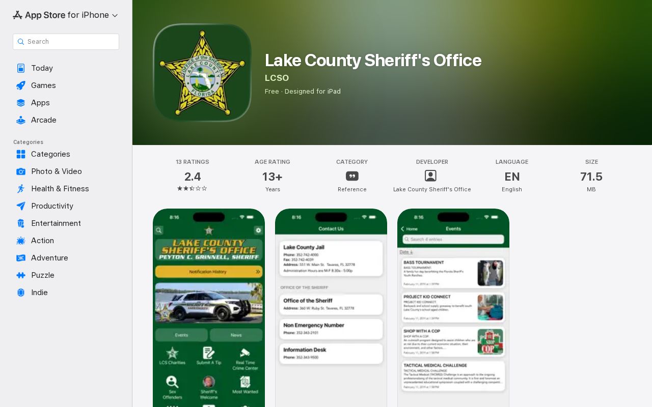 Official Lake County Sheriff app listing with inmate information and recent arrests features
