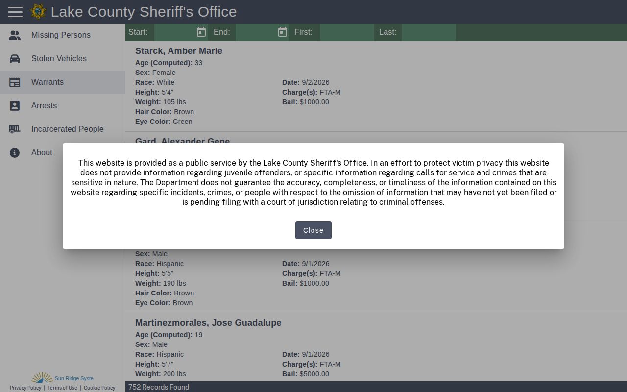 Lake County Citizen RIMS public warrant search interface