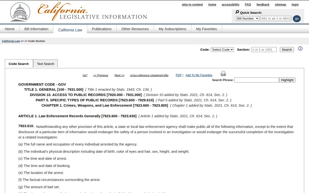 California Government Code section governing public arrest information